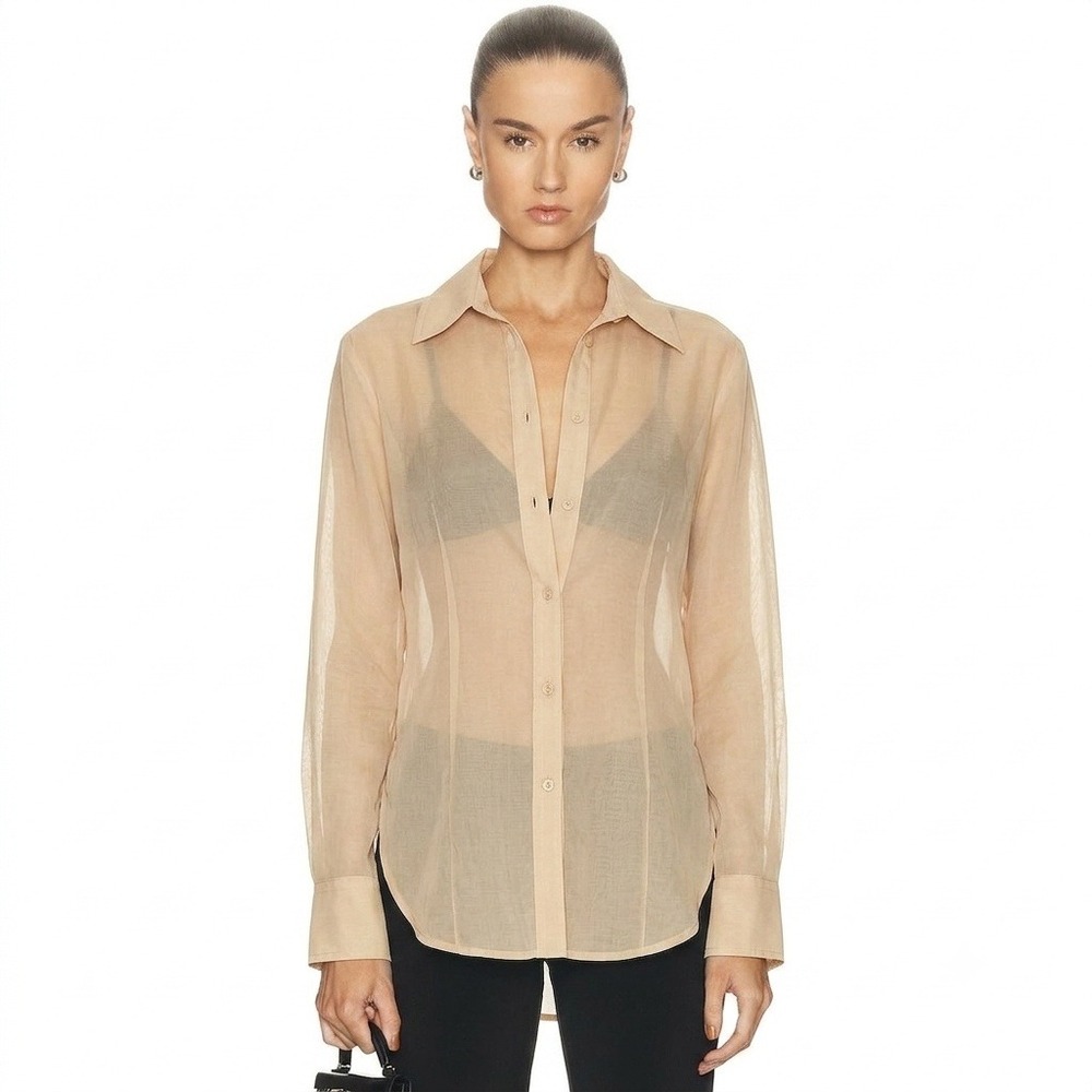 ENZA COSTA Cotton Organza Fitted Shirt Women Medium Tan Sheer Cotton Button Up